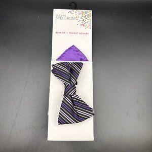 NWT Alfani Spectrum Men’s Bow Tie‎ + Pocket Square Purple Black Adam Stripe